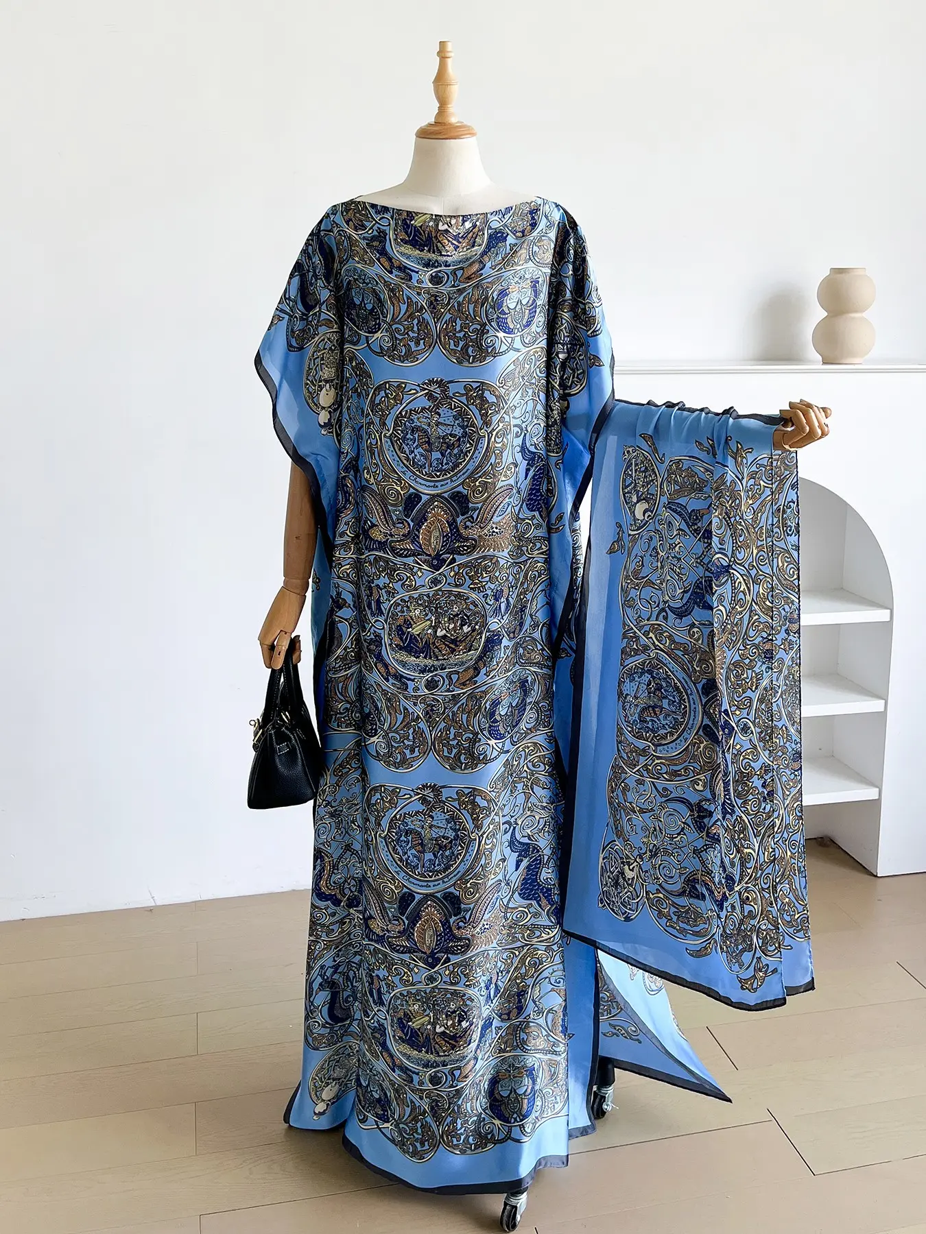 Women's Elegant Bohemian Boho Chic Baroque Print Robe Set, Long Dress + Headscarf Scarf Hairband, Summer Beach Sun Protection Satin Silk Shawl, All Seasons Lady, Boho Summer Holiday