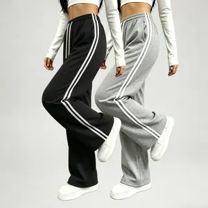 Women's 2-Pack Polyester Striped Sweatpants, American Retro Style, Straight-Leg High-Street Drawstring Joggers, Spring-Summer Bottoms for Casual & Sports Wear