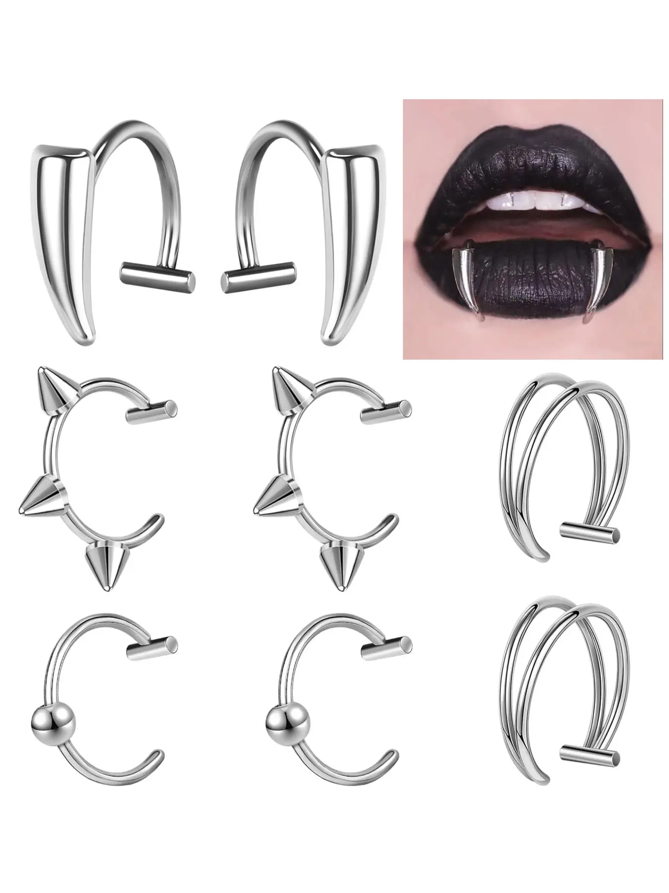 Stainless Steel Fake Lip Ring Vampire Teeth Ring, Adjustable Fake Lip Piercing Non-Piercing Lip Cuff Labret Jewelry For Women Men Halloween Fashion Body Jewelry Fake Piercings High Quality Jewelry