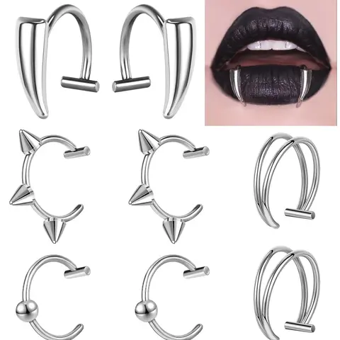 Stainless Steel Fake Lip Ring Vampire Teeth Ring, Adjustable Fake Lip Piercing Non-Piercing Lip Cuff Labret Jewelry For Women Men Halloween Fashion Body Jewelry Fake Piercings High Quality Jewelry