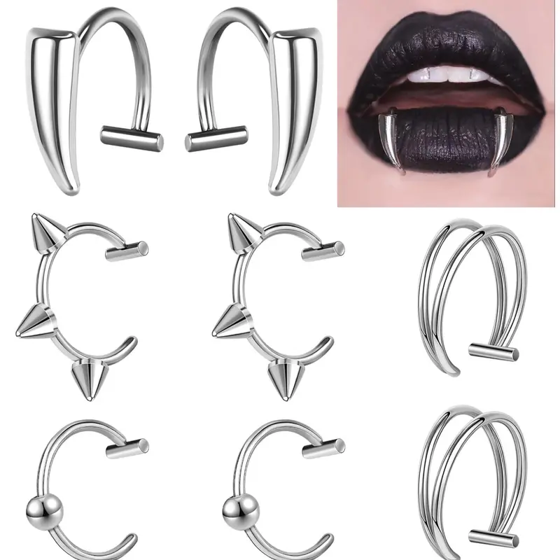 Stainless Steel Fake Lip Ring Vampire Teeth Ring, Adjustable Fake Lip Piercing Non-Piercing Lip Cuff Labret Jewelry For Women Men Halloween Fashion Body Jewelry Fake Piercings High Quality Jewelry