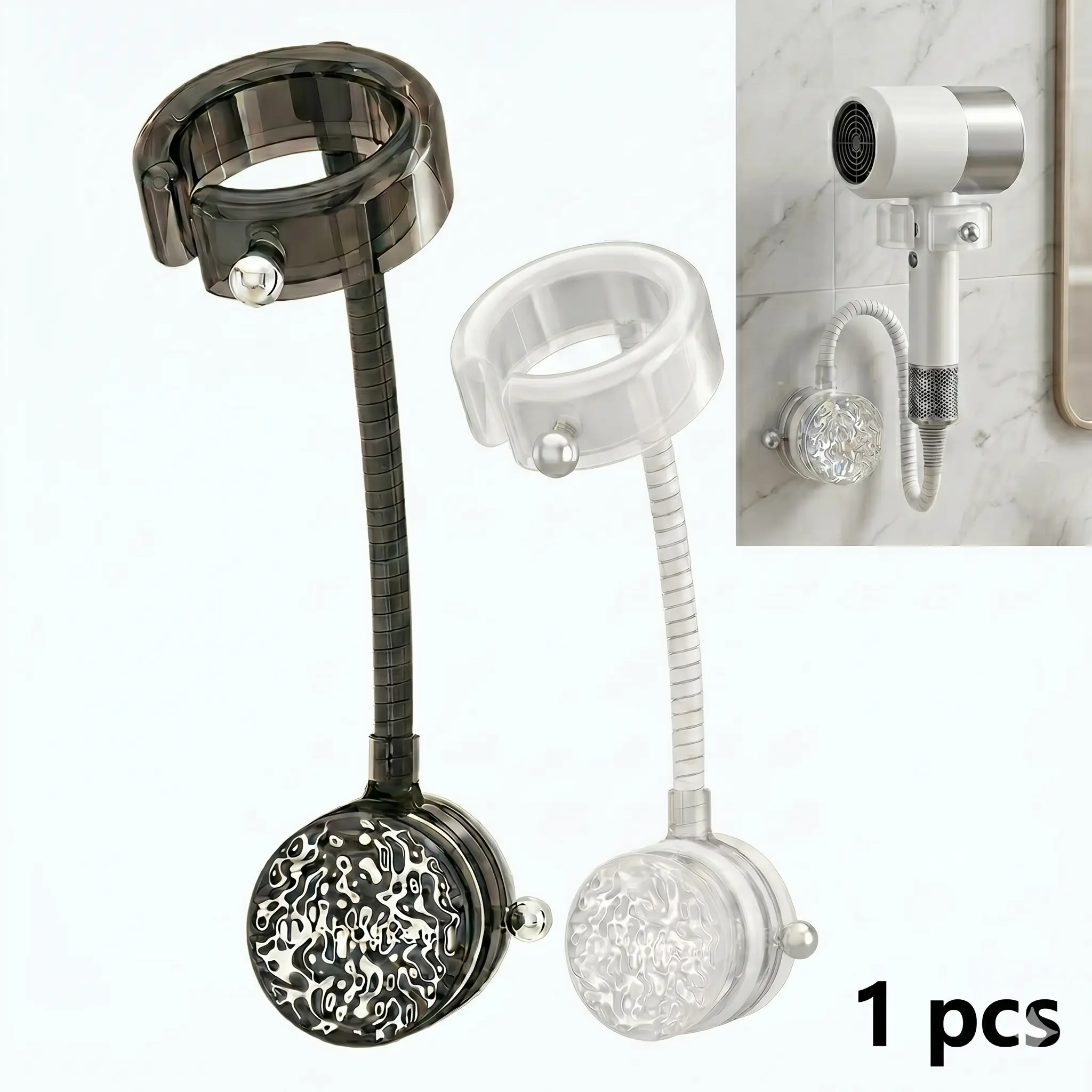 Hands-Free Suction Cup Hair Dryer Holder - 360° Flexible Gooseneck, No-Drill Wall-Mounted Bathroom Organizer, Transparent White/Black, 1 PC for Hair Drying & Styling