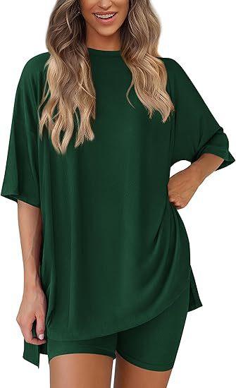 Women's 2-Piece Solid Color Lounge Set: Oversized Crewneck Half-Sleeve Tunic Top with Matching Biker Shorts - Plus Size Tracksuit