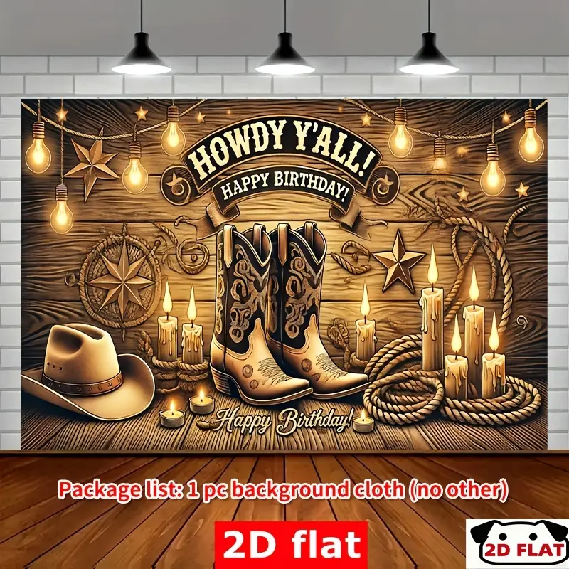 2D Flat Banner 1pc, Western Cowboy Style Happy Birthday Party Banner -   Backdrop Cowboy Boots, Hats, Festive Decorations Indoor/Outdoor Celebrations, Photo Booth Background, Garage Decor, Cowboy Party Decorations, Out