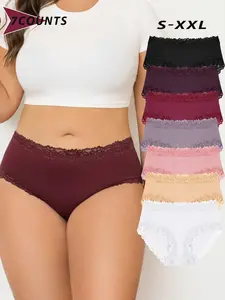 7-Piece Set High-Waisted Lace Cotton Briefs, Women's Ribbed Knitted Panties for Comfort, Stylish Undergarments for Daily Wear, Soft Comfy Panties