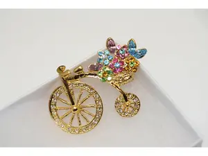 Crystal Flower Basket Bicycle Brooch Pin – Gold Tone Colorful Rhinestone Vintage Style Jewelry