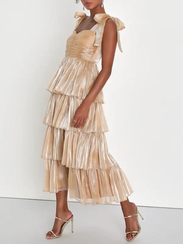 Lulus Radiant Arrival Shiny Gold Organza Tiered Tie-Strap Maxi Dress -  TikTok Shop