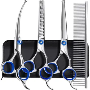 5 in 1 Professional Dog Grooming Scissors Set, 4CR Safety Round Tip Heavy Duty Titanium Coated Straight Thinning & Curved Pet Grooming Shears