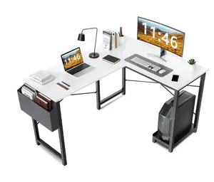 L Shaped Computer Desk with Wooden Desktop CPU Stand Side Bag Reversible, White