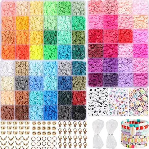 7200pcs Clay Beads Bracelet Making Kit, Polymer Flat HEISHI Beads Kit Diy Mix Beads Assortment for Jewelry Making DIY with Charms, Crafts Gift for Christmas Party Gift Craft Kit Durable Beads, Diy Jewelry Accessories, Jewelry Making Supplies