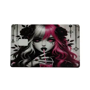 Women's Premium Gothic Credit Card Protective Wallet - Unique Stylish Design, Pink-Haired Anime Girl Print, Floral Motif, Personalization Feature