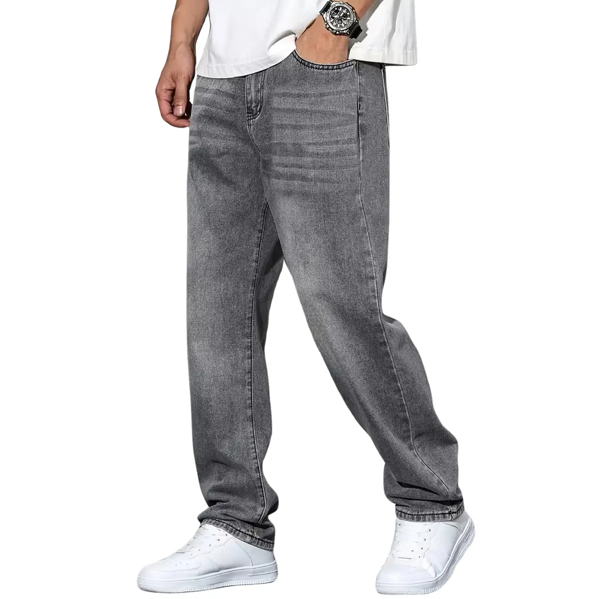 Men's Classic Gray Plain All-Season Stretch Denim Jeans - Regular Fit Pocket Pants, Streetwear Casual Trousers, Vintage Menswear Summer Outfits