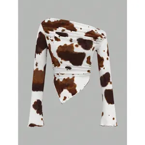 Spring Cow Print One Shoulder T Shirt Y2k Long Bell Sleeve Tees Ruched Asymmetrical Crop Tops
