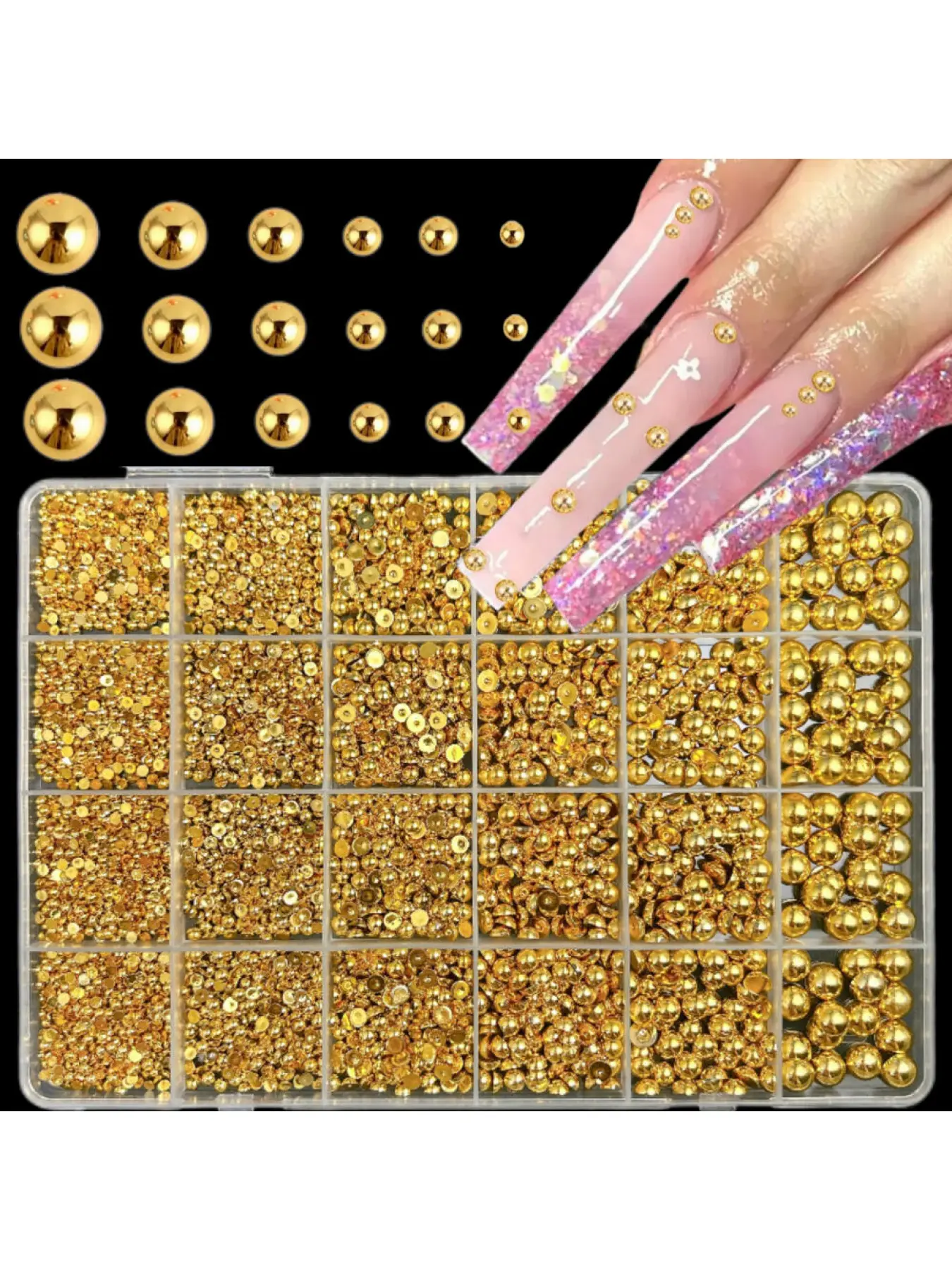 A Box of Shiny Golden Beads for Nail Art, Featuring Mixed Sizes of Half-Round Flat-Bottom Beads for Handmade Additions