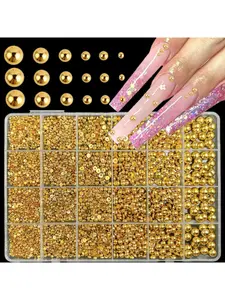 A Box of Shiny Golden Beads for Nail Art, Featuring Mixed Sizes of Half-Round Flat-Bottom Beads for Handmade Additions, Nail Art Products, Nail Decoration