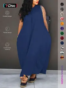 Women's Plain Drawstring Hooded Tank Dress, Casual Basic Pocket Sleeveless Dress for Summer, Fashion Women's Clothing for Daily Wear, Casual Chic Dress