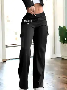 Women's black everyday casual trousers, featuring flap pockets, elastic waistband, and a straight-leg fit. Suitable for spring, summer, and autumn wear.  Workwear style.