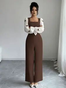 A women's coffee-colored contrast splicing design sense square-neck white puffy-sleeve bow decoration flared cuff fitted casual overalls, suitable spring and autumn, suitable for daily commuting and home wear, Womenswear