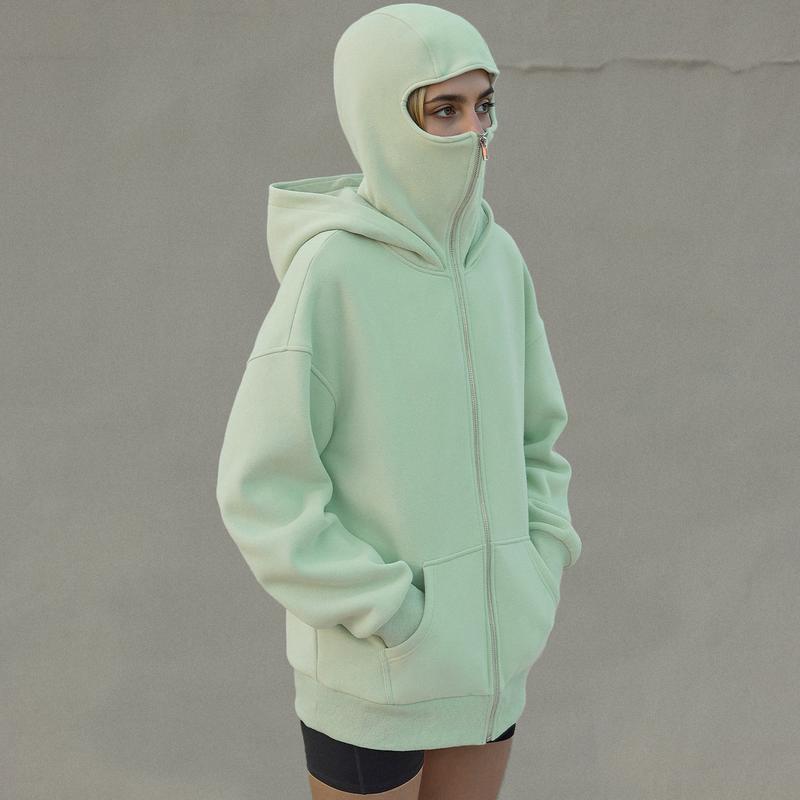 Trendy Queen Women's Stylish Balaclava Hoodie with Full-Face Mask - Casual Zip-Up Sweatshirt, Graphic Design, Perfect for Outdoor Activities| Fashionforward Hoodie | Durable Fabric Hoodie Tops Womenswear