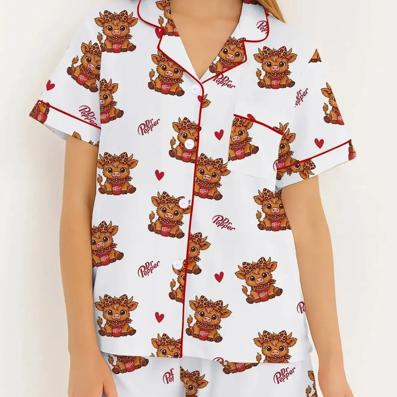Women's Leopard Print Highland Cow Heart Drink Spring Lapel Shirt and Pants Two-Piece Fitted Casual Loungewear Nightwear Pajama Set, Short Sleeve Shorts, Party Wear, Pjs, Pyjamas, Homewear