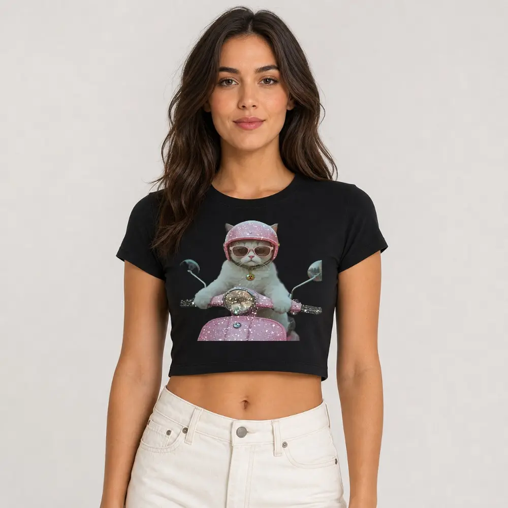 Women's Short-Sleeve Spandex-Polyester Crop Top - Cute Cat Riding Scooter Graphic, Comfortable Day Wear for Pet Lovers, Casual, Fabric, Light, Sexy