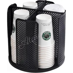 Rotatable Coffee Cup Dispenser with 4 Compartments, Atavarna Cups and Lids Holder for 5-16oz Cups Organizer for Restaurant, Coffee Station, Bar, Office, Home-9.25" x 9.25" x 8.66"