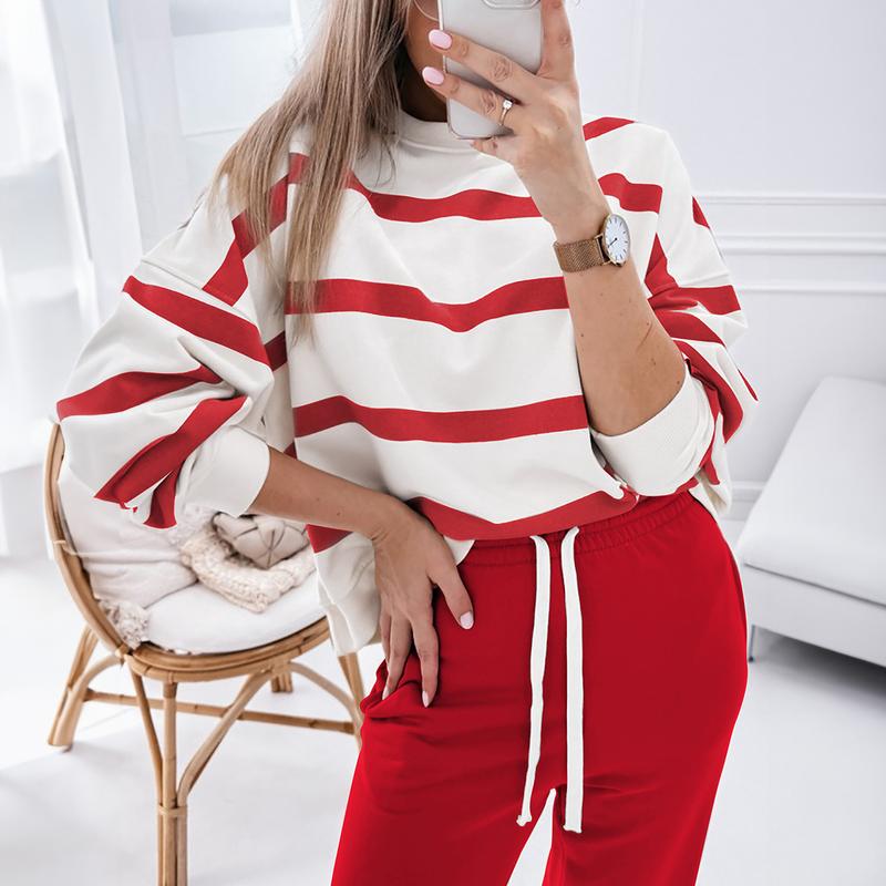 MULLVEIG Women's Stripe Drop Shoulder Pullover & Jogger Pants Set - Winter 2 Piece Lounge Outfit for Cozy Comfort Womenswear