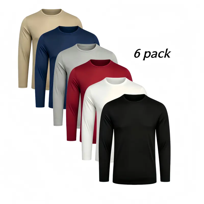 6pcs Men'S Quick-Dry Gym Long Sleeve T-Shirts - long Shirts with Moisture-Wicking Fabric, Color Options for Workout, Running, Casual Attire - Breathable Athletic Tops for Active Lifestyles, Workout Shirts, Running Gear, Round Neckline, Stretchy Material