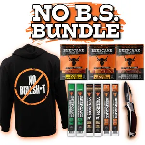 BeefCake Jerky NO BS Hoodie Bundle - Long Sleeve Menswear Hoodie with Premium Jerky & Meat Sticks Snacks