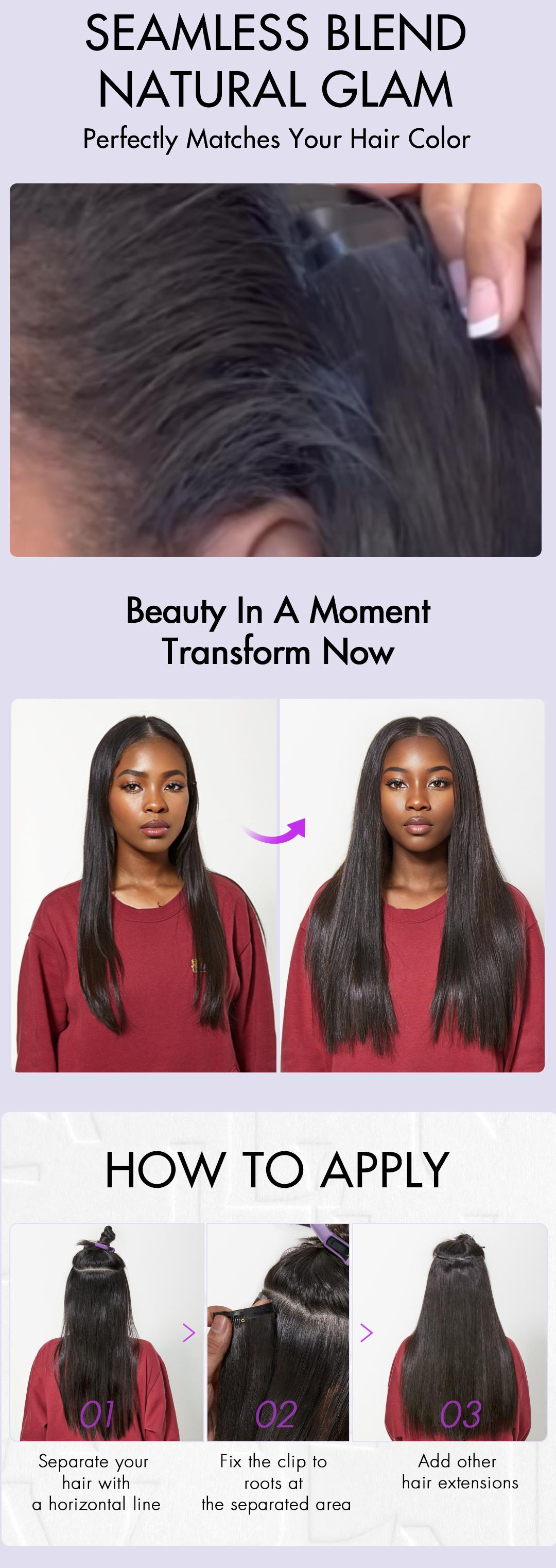 LUVME 100% Virgin Human Hair Extensions Seamless & Invisible Edge Straight, Body Wave, Kinky Curly, Yaki Straight, Messy Burmese Curl Clip-In