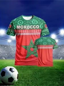 Quick-drying and breathable men's Morocco national team themed fan T-shirt, 3D print, red and green contrasting six-point star design, flag element football culture shirt, Jersey Shirts
