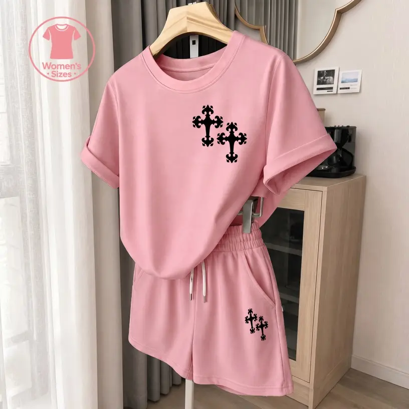 Women's Gothic-Style Cross Graphic Short Sleeve T-Shirt And Shorts Set, Casual Summer Two-Piece Outfit With Crew Neck Top And Drawstring Waist Shorts For Daily Wear