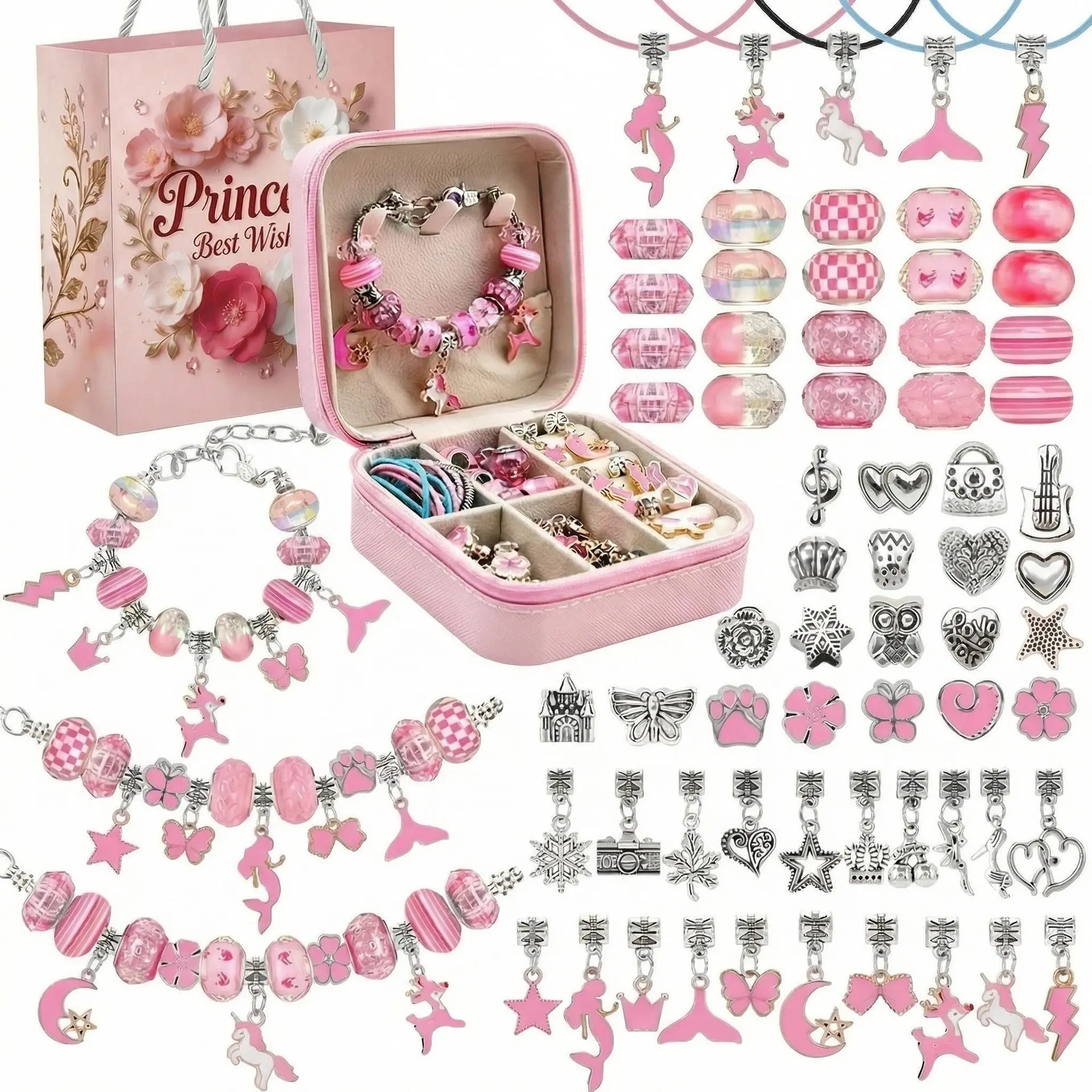 68-Piece DIY Bracelet Making Kit, Jewelry Making Supplies, Jewelry Crafting Set with Beads and Charms, Portable Box, Perfect Gift for Birthday and Christmas, DIY Kits