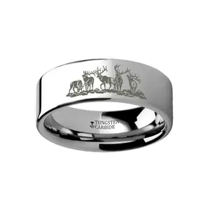 Animal Landscape Scene - Five Deer Stag Hunting Ring  - Laser Engraved - Flat Black Tungsten Ring - 4mm - 6mm - 8mm - 10mm - 12mm