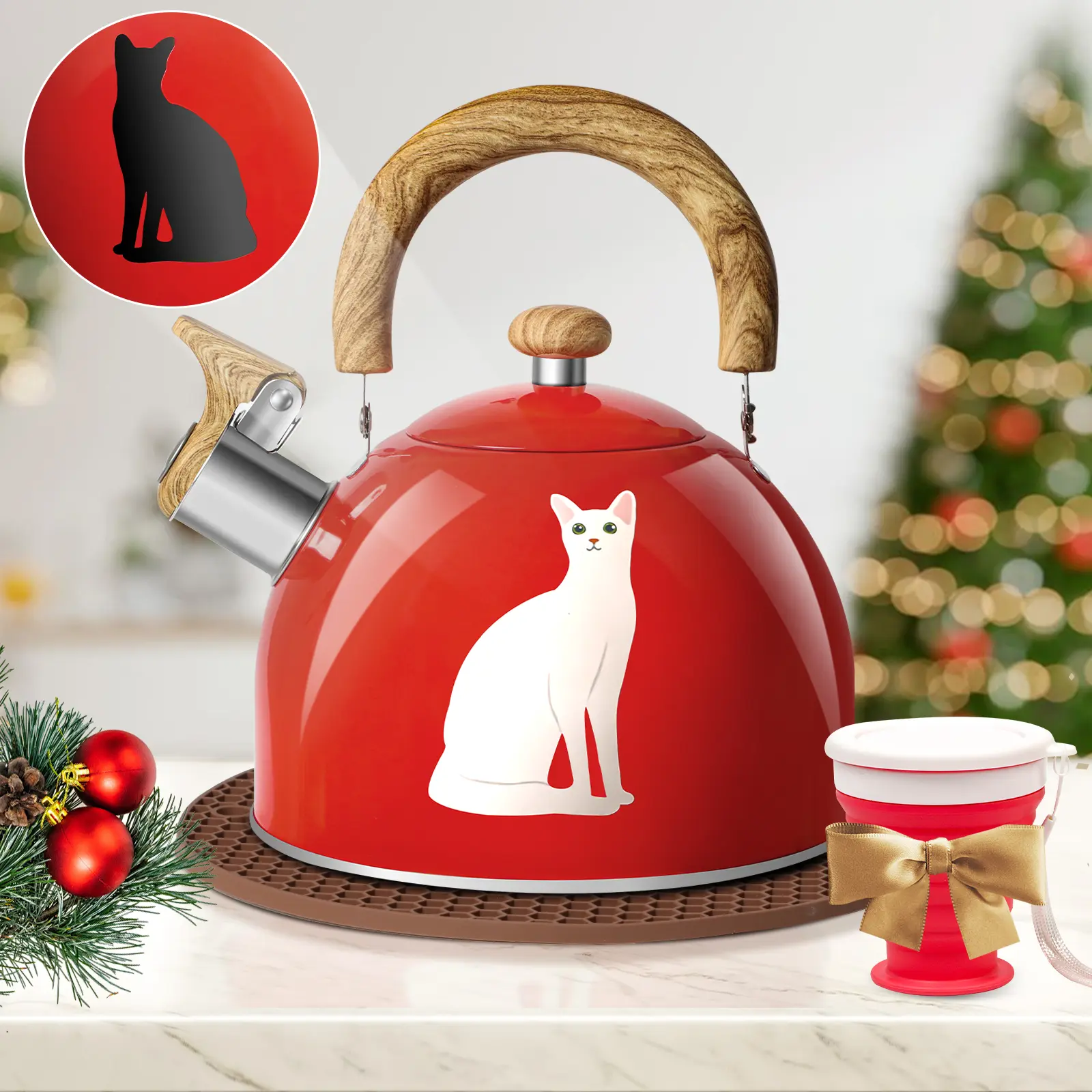 Stainless Steel Whistling Tea Kettle 2-Quart Magic Color Changing Design Red Teapot with Folding Cup & Trivet Mat