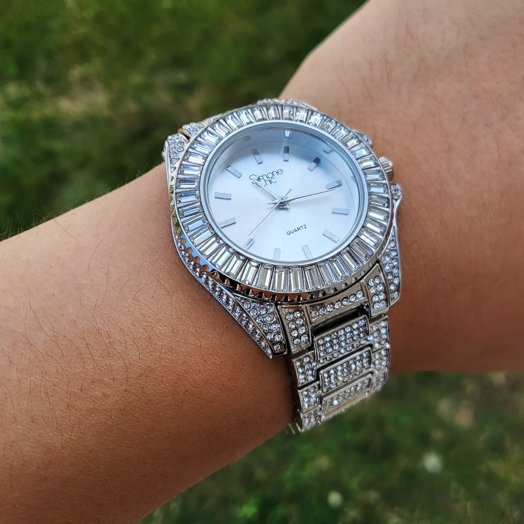 MaxBling81 Iced Out Hip Hop Analog Metal Watch, 38mm Cubic Zirconia Wristwear with Adjustable Band in Gift Box, Watches For Women, Stainless Steel, Fashion, Quartz, Removable Links, Cubic Zirco., Female Watch