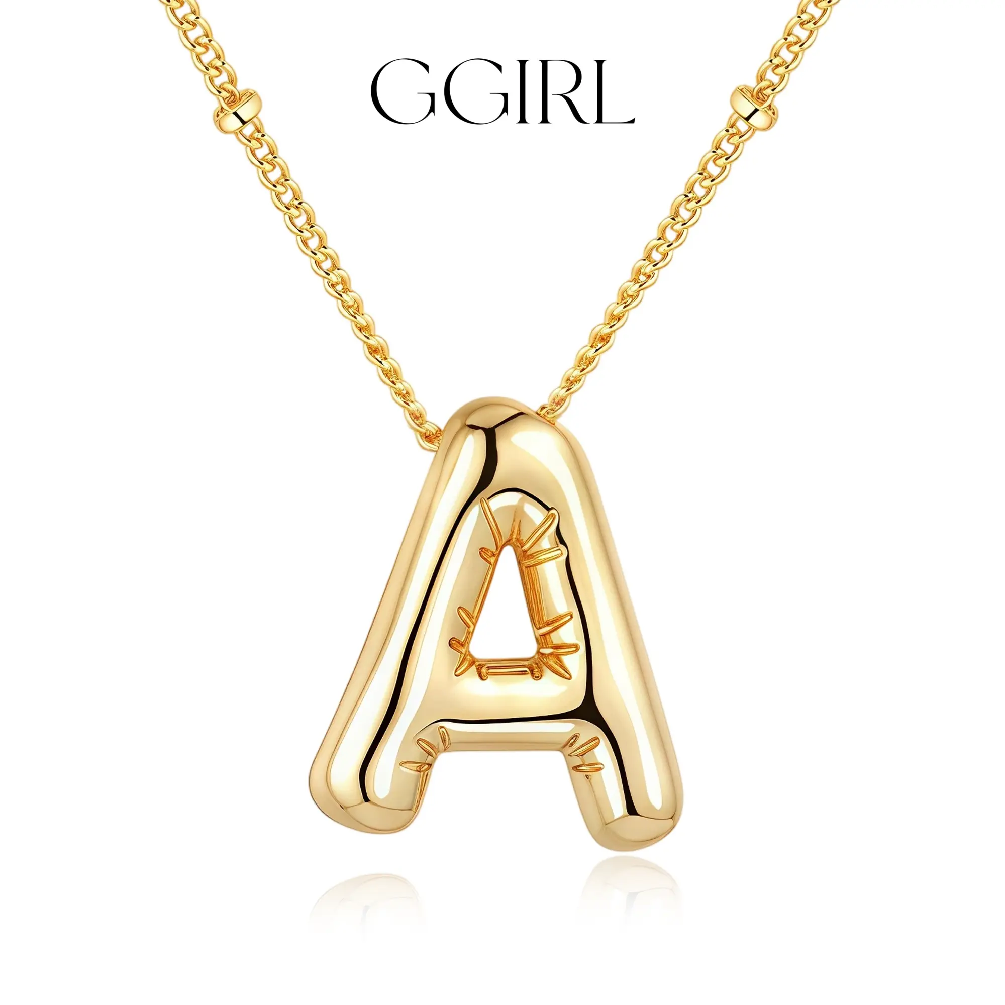 GGIRL Bubble Letter Necklace 18K Gold Plated Stainless Steel Chubby Pendant Name Necklace for Women Elegant Collarbone Chain Personalized Jewelry Glossy Letter Design Fashion Jewelry Gift for Holiday Haul Christmas Birthdays Anniversaries