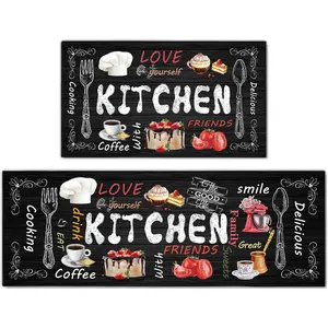 Farmhouse Kitchen Rules Rug 2 count Set,Rustic Decor Kitchen Rugs, Non-Slip Absorbent Washable Floor Mats  Indoor Runner 17x30+17x47 Inches