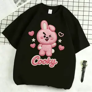 Cooky's single T-shirt, featuring a cartoon bunny, features imitation embroidery printing technology (not real embroidery), suitable for men, women, mothers, and friends. It is a couple style, fashionable and loose fitting, youthful and energetic, suitabl