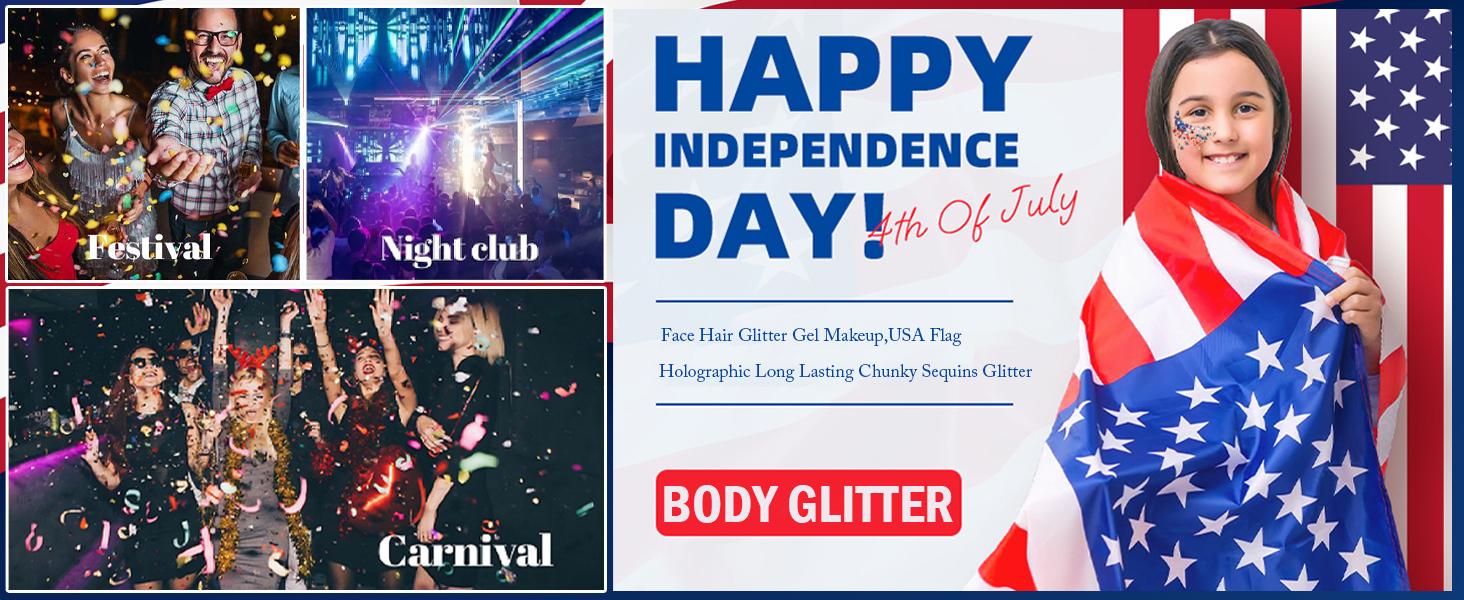 Red White and Blue Star Face Glitter Stick,Waterproof Body&Hair Glitter,Patriotic USA Flag Sparkle Stick for World Soccer Game Independence Day 250 Anniversary Makeup，Outfit Accessories for Kids, for Independence Day Party, Festival & Fun Holiday Look