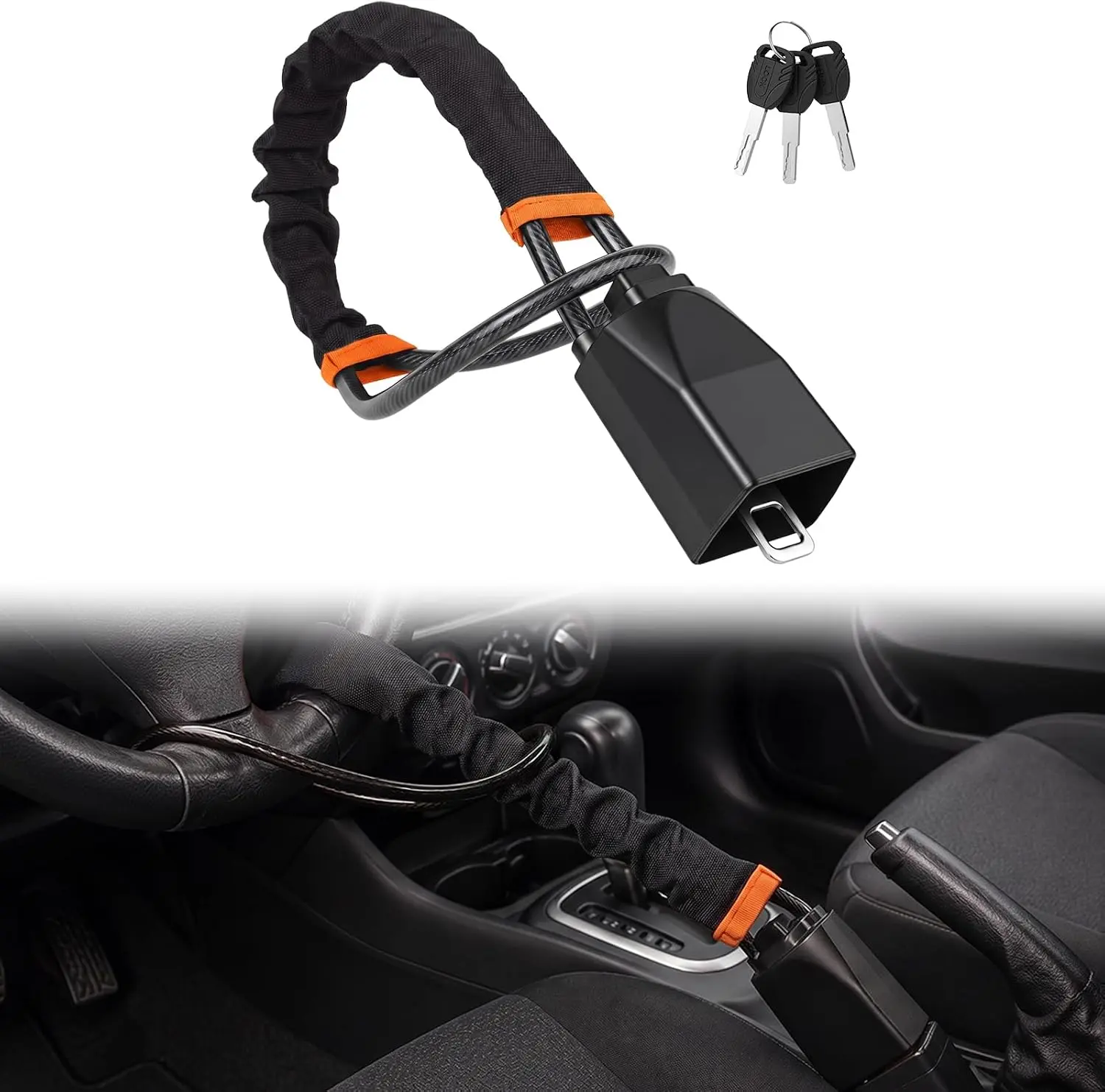Car Steering Wheel Lock Anti-Theft Device, Braided Steel Cable Seat Belt Buckle Lock with 3 Keys, Quick Fit Universal Vehicle Security for SUV Truck Van Car