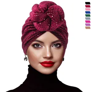 New Big Knotted Turban Sequin Hijab Hat Women African Headtie Muslim Headscarf Beanies Bonnet Chemo Cap Hair Loss Turbante Mujer