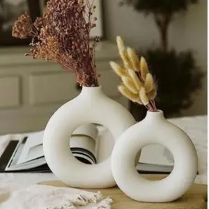 PriPey Donut Vase Set of 2PCS Circle Hollow Vase for Pampas Grass, Boho Decorative Vases for Home Entryway, Living Room, Bedroom, Dining Table, and Centerpiece Office Home Décor - Minimalist, Matte  Plant