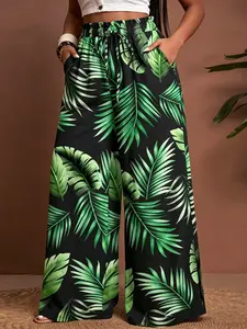 Plus Size Women's Wide Leg Pants, Loose Fit Printed Long Trousers, Pocket Design, Comfortable and Stylish, Perfect for Daily Wear