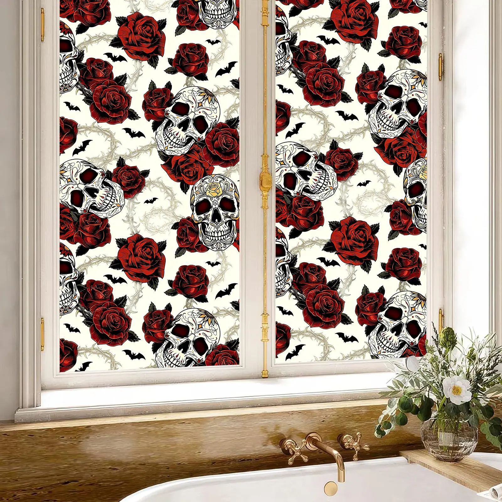 Rose Skull Privacy Glass Film, Static No-Adhesive Easy Removal Removable Frosted Decorative Floral Window Sticker, UV Protection for Bathroom Kitchen Bedroom Windows