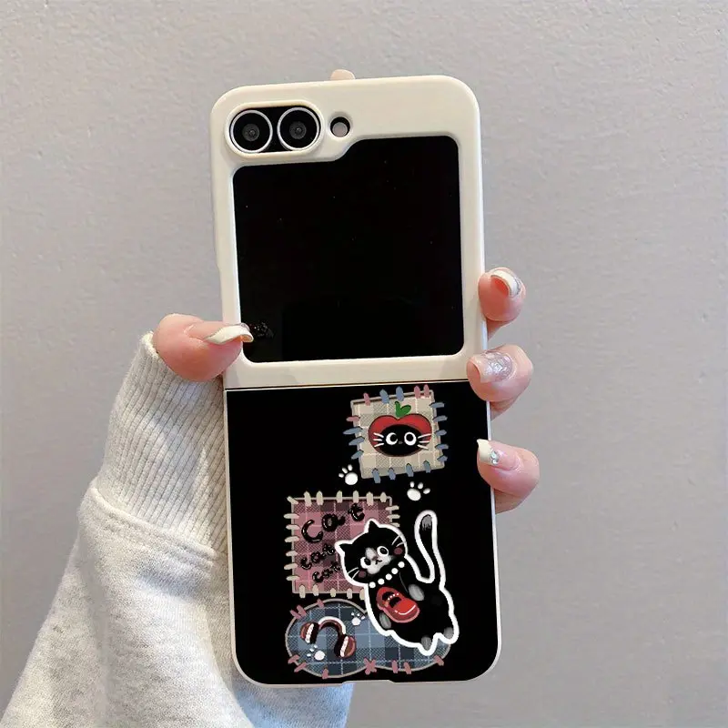 Black Cat Pendant with Bright White Pattern TPU Foldable Case for Galaxy Z Flip 6,  Galaxy Z Flip 5,  Galaxy Z Flip 4,  Galaxy Z Flip 3 5G, TPU Phone Case Suitable for Samsung Galaxy - Slim and Lightweight Mixed Hard Shell Scratch-Resistant Cover