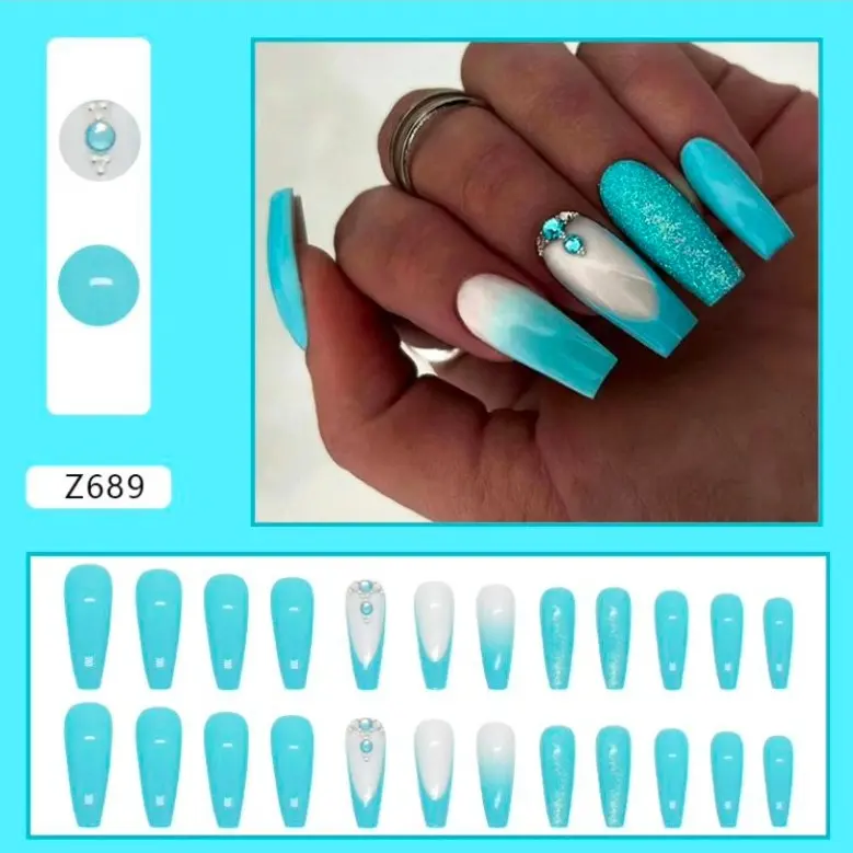 MALIBU Fashion Long Ballerina Fake Nails Set Press on Nails French Blue False Nail Tips With Designs Shiny Rhinestone Manicure