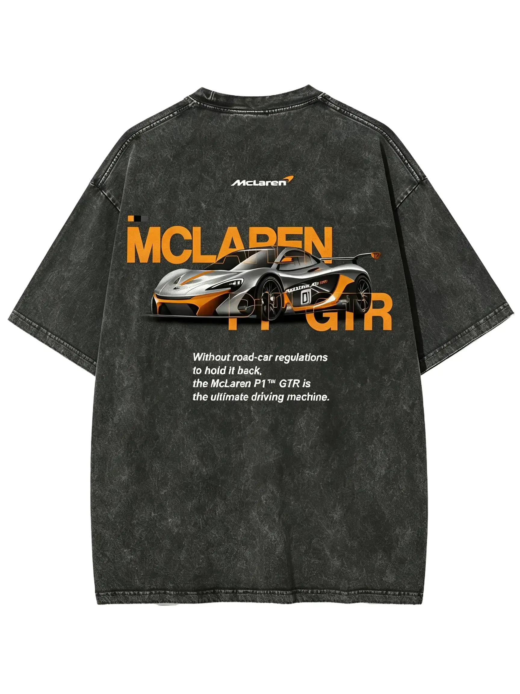 [BT] Vintage Washed Black McLaren P1 GTR Supercar Graphic Oversized T Shirt, JDM Racing Car Streetwear Short Sleeve Tee Men Distressed Loose Fit Auto Enthusiast Top,mclaren racing tee,automotive aesthetic streetwear