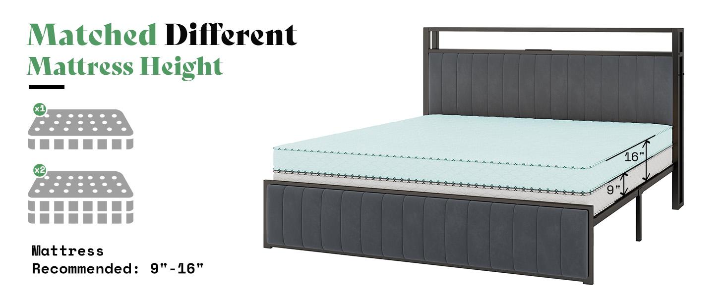 [Black Bed WITHOUT Foldable Ottoman] AMERLIFE TWO Different Bed Frames, Metal Bed with Foldable Ottoman, Velvet Upholstered Headboard/Metal Bed with PU Leather Headboard/ Both Including LED Lights, Charging Station,Storage Shelves