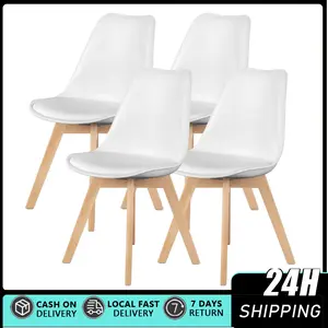 Mid-Century Modern Dining Chairs (Set of 4) - Upholstered White Seating with Wood Legs, PU Leather Cushions for Kitchen, Living Room